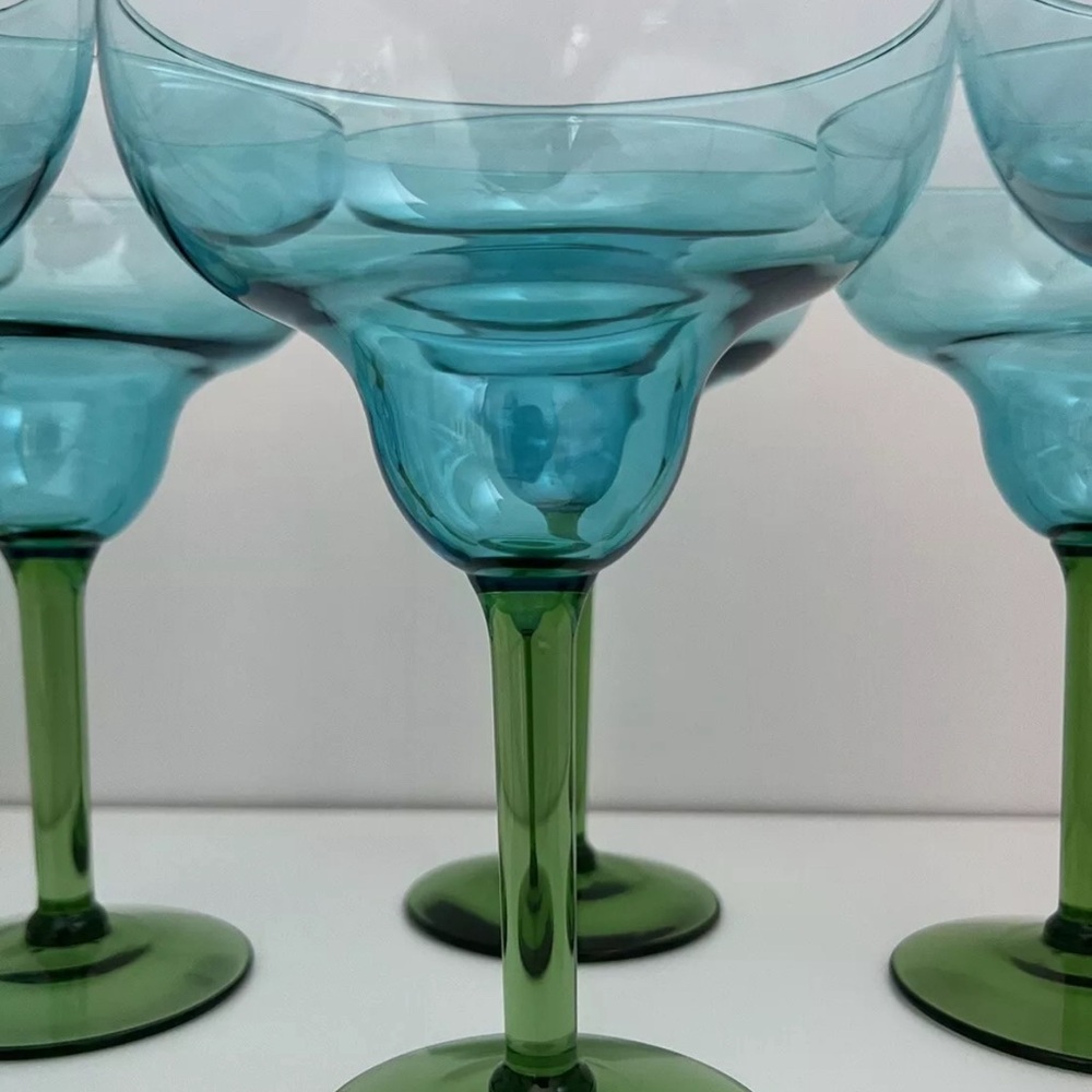 Set of 8 Hand Blown Glass Margarita Glasses with Blue Bowls & Green Stems - Picture 6 of 9
